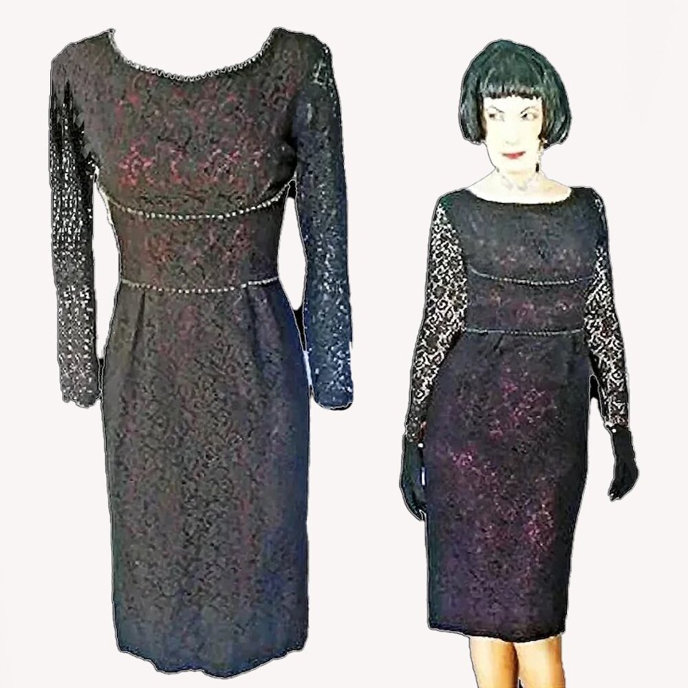 Vintage Little Black Lace Sheath Long Sleeve Cocktail Dress ~ VFG ~OOAK - Picture 3 of 13